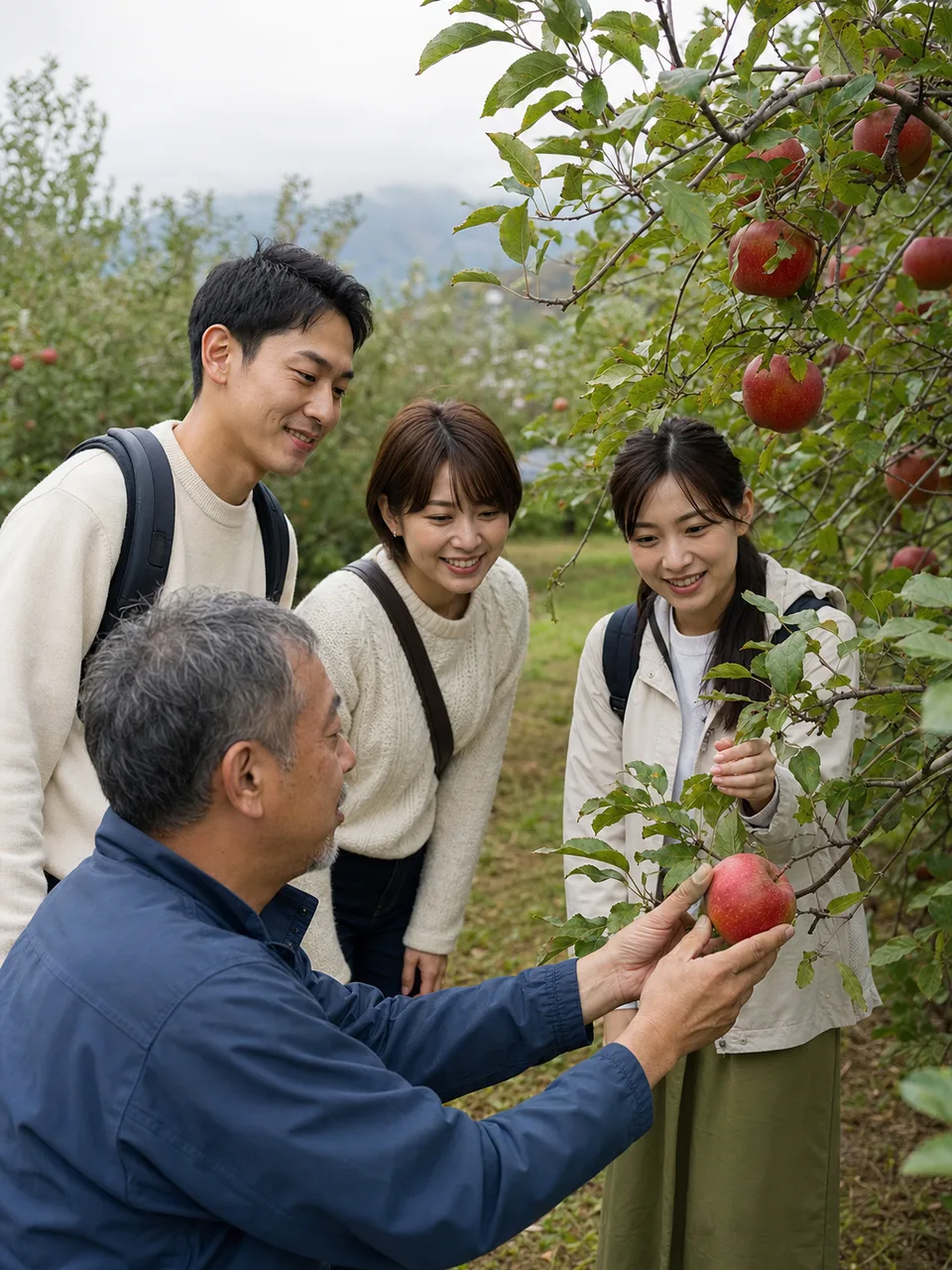 青森のりんご畑を訪れる旅行者（自然な縦位置写真）。青森旅行、りんご畑、りんご狩り、東北旅行の記事や案内に使える商用素材です。