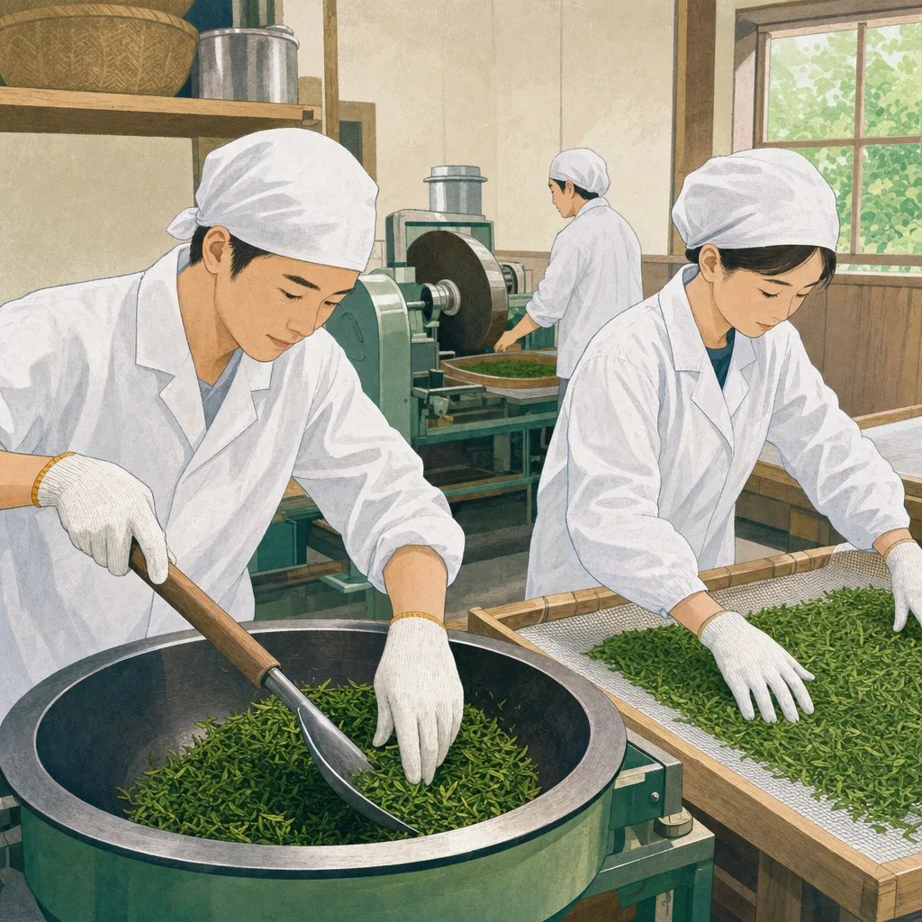 茶葉を焙煎する日本人職人（編集記事向け）。茶葉焙煎、日本茶、製茶、緑茶の記事や案内に使える商用素材です。