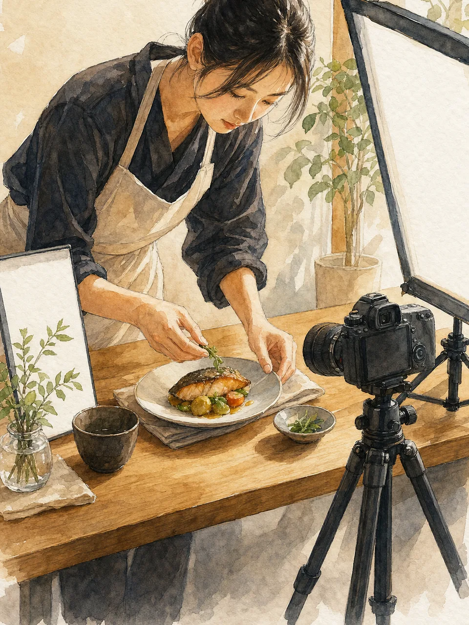 料理を撮影する日本人フォトチーム（手描き水彩）。料理撮影、フードフォト、商品撮影、カメラマンの記事や案内に使える商用素材です。