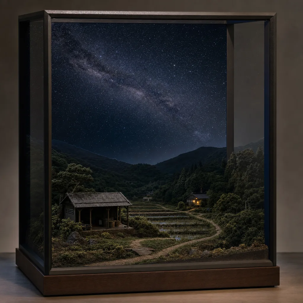 日本の里山に広がる星空（立体ディスプレイ）。星空、夜空、里山、自然背景のデザインに使える素材です。