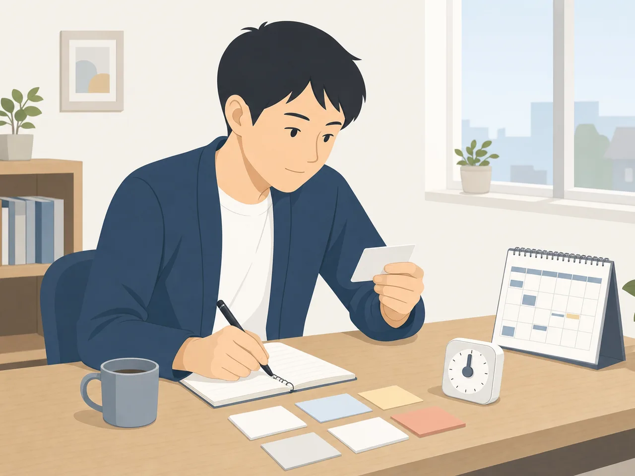 資格勉強をする日本人社会人（フラットイラスト）。資格勉強、試験対策、社会人、自己学習の記事向け素材です。