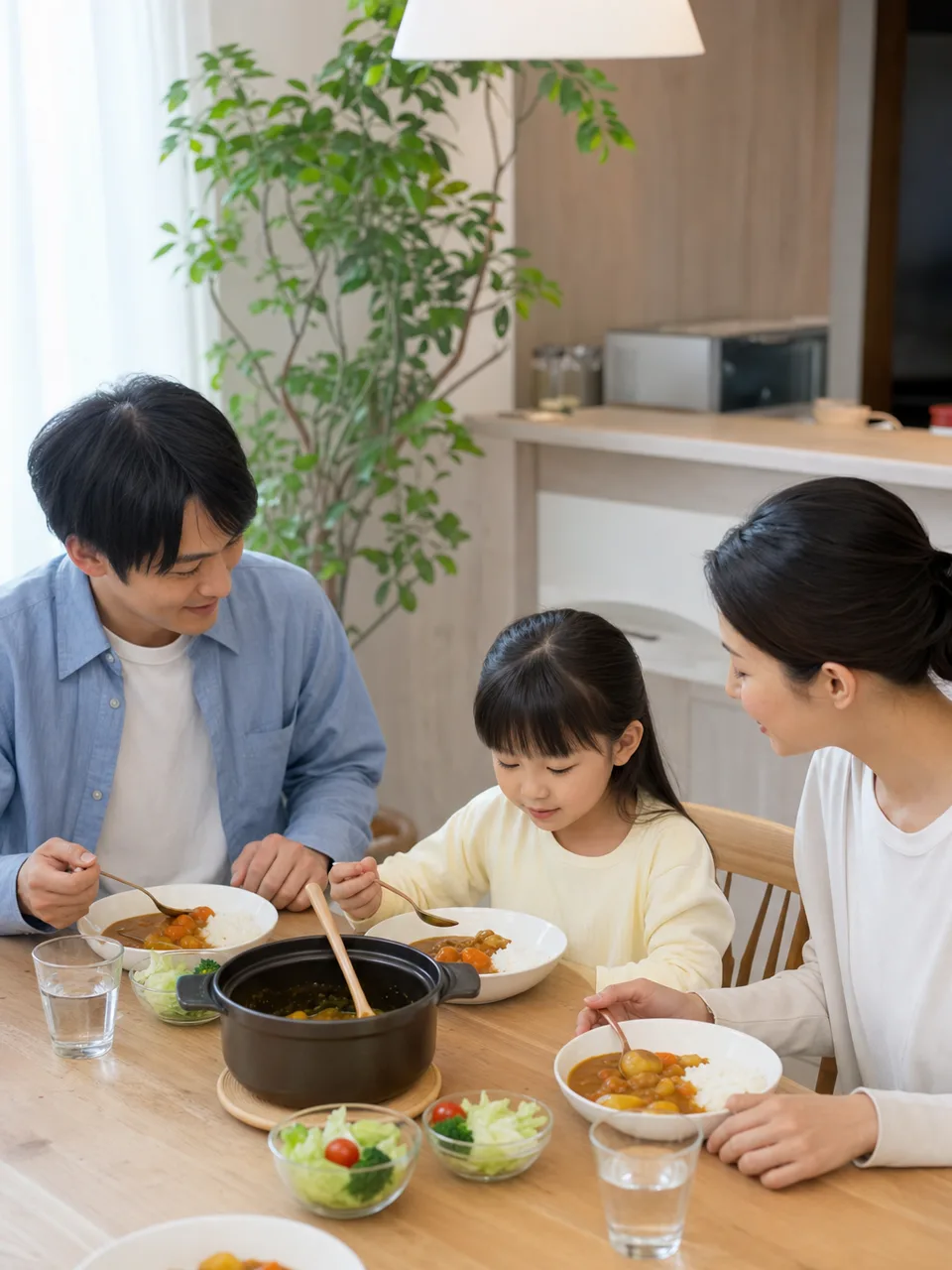 カレーライスを囲む日本人家族（自然な縦位置写真）。カレーライス、家庭料理、家族、食卓の記事向け素材です。