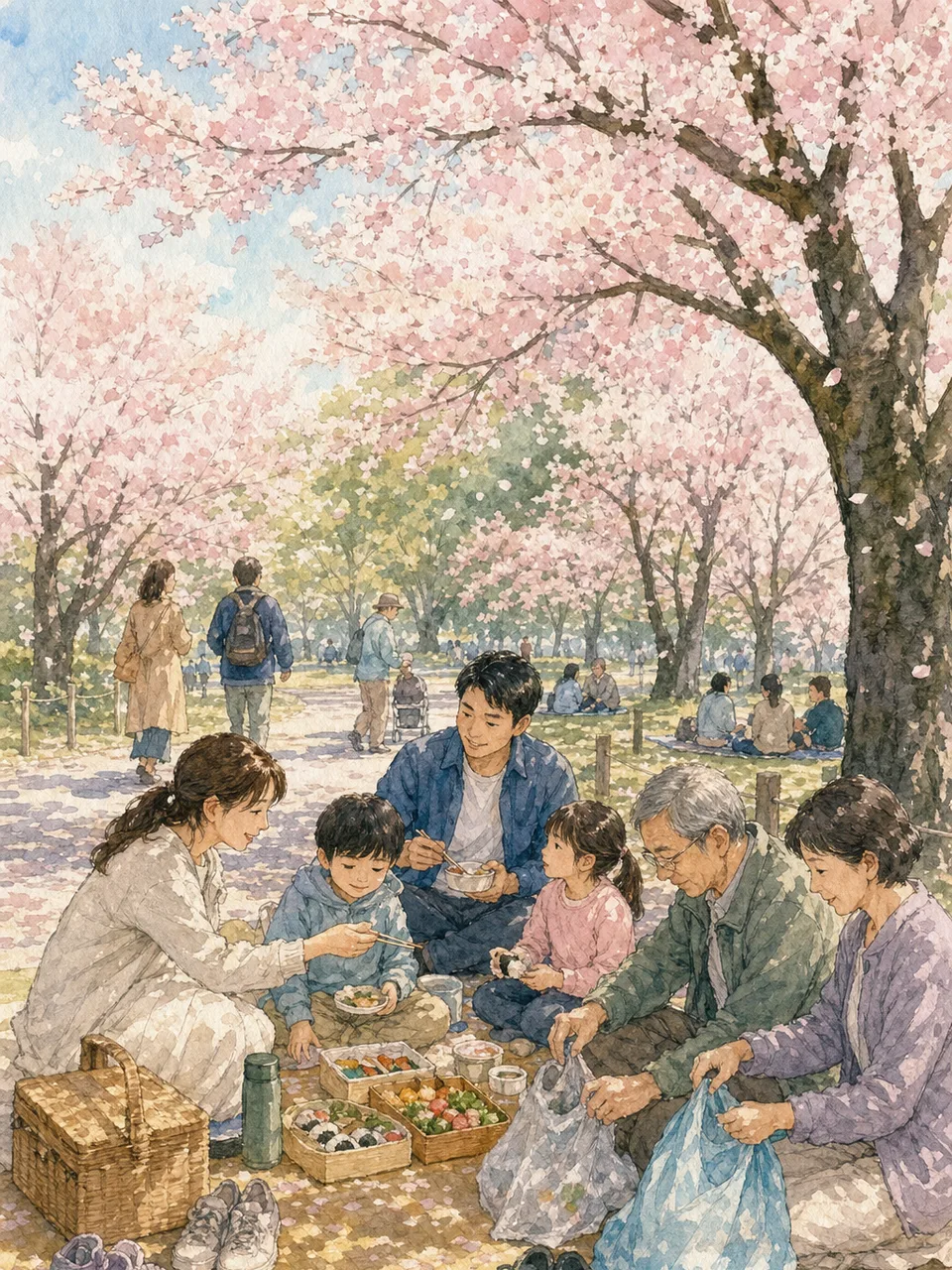 公園でお花見を楽しむ日本人（手描き水彩）。お花見、桜、春、公園、季節行事の記事向け素材です。