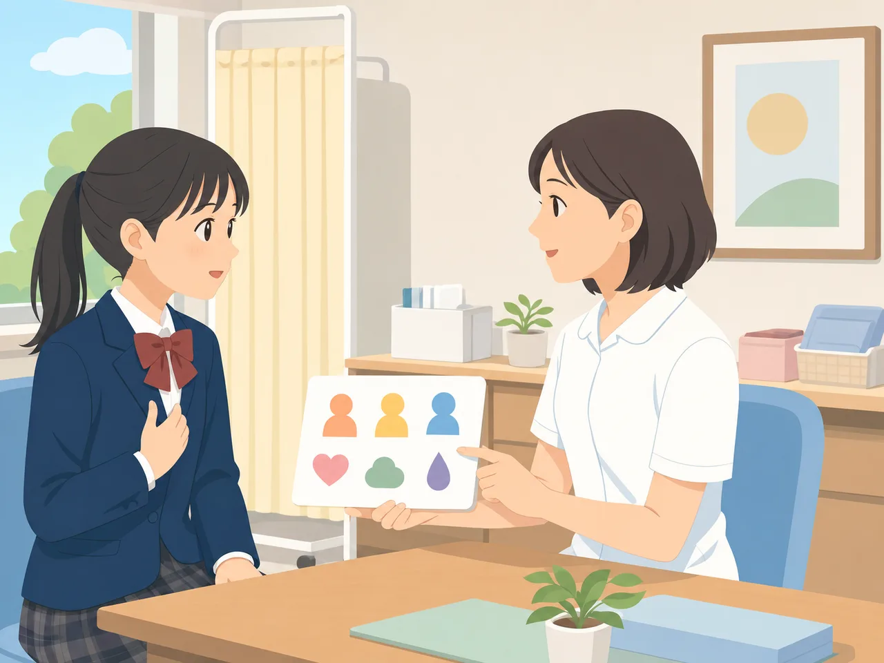 保健室で相談する日本人の生徒（フラットイラスト）。保健室、養護教諭、健康相談、生徒の記事や案内に使える商用素材です。