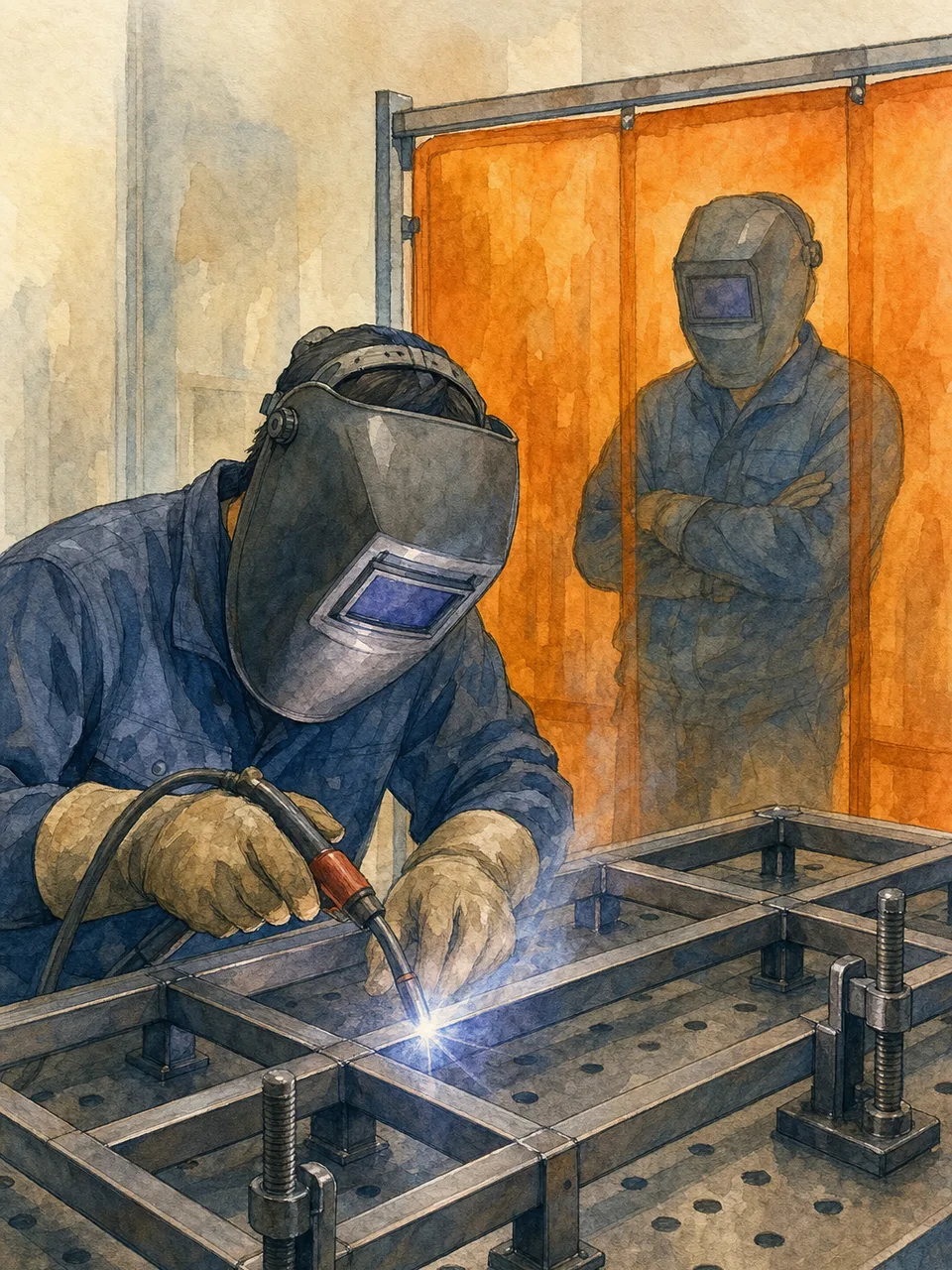 金属を加工する日本人溶接工（手描き水彩）。溶接工、金属加工、製造業、安全管理の記事向け素材です。