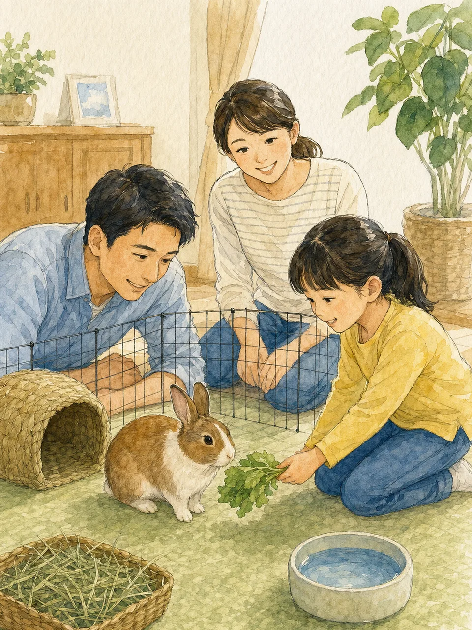 うさぎを世話する日本人家族（手描き水彩）。うさぎ、ペットケア、家族、動物との暮らしの記事向け素材です。