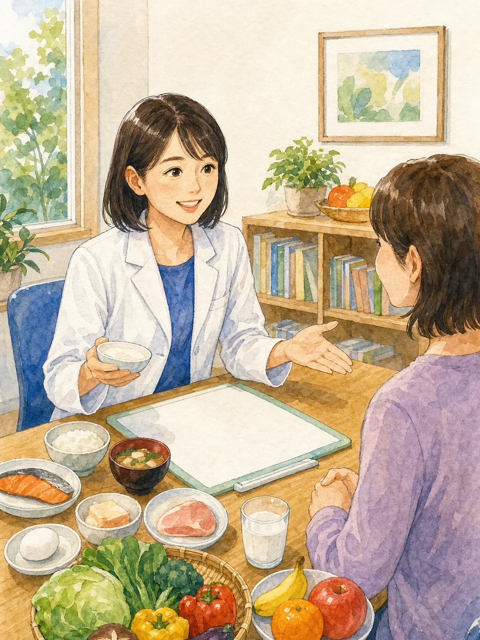 食生活を支援する日本人栄養士（手描き水彩）。栄養士、食事相談、健康づくり、生活習慣の記事向け素材です。