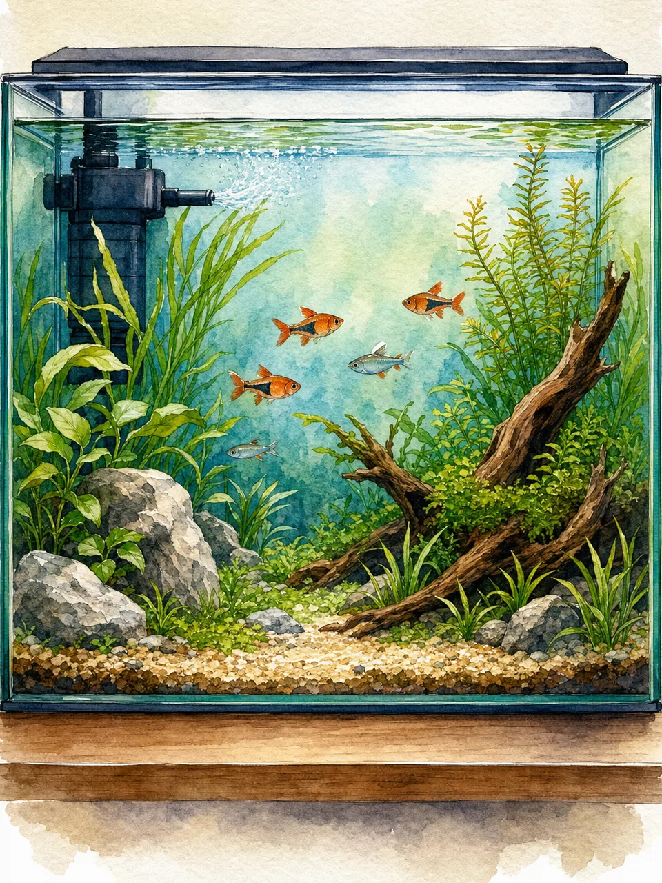 水草のある淡水アクアリウム（手描き水彩）。淡水魚、アクアリウム、水草水槽、観賞魚の記事や案内に使える商用素材です。