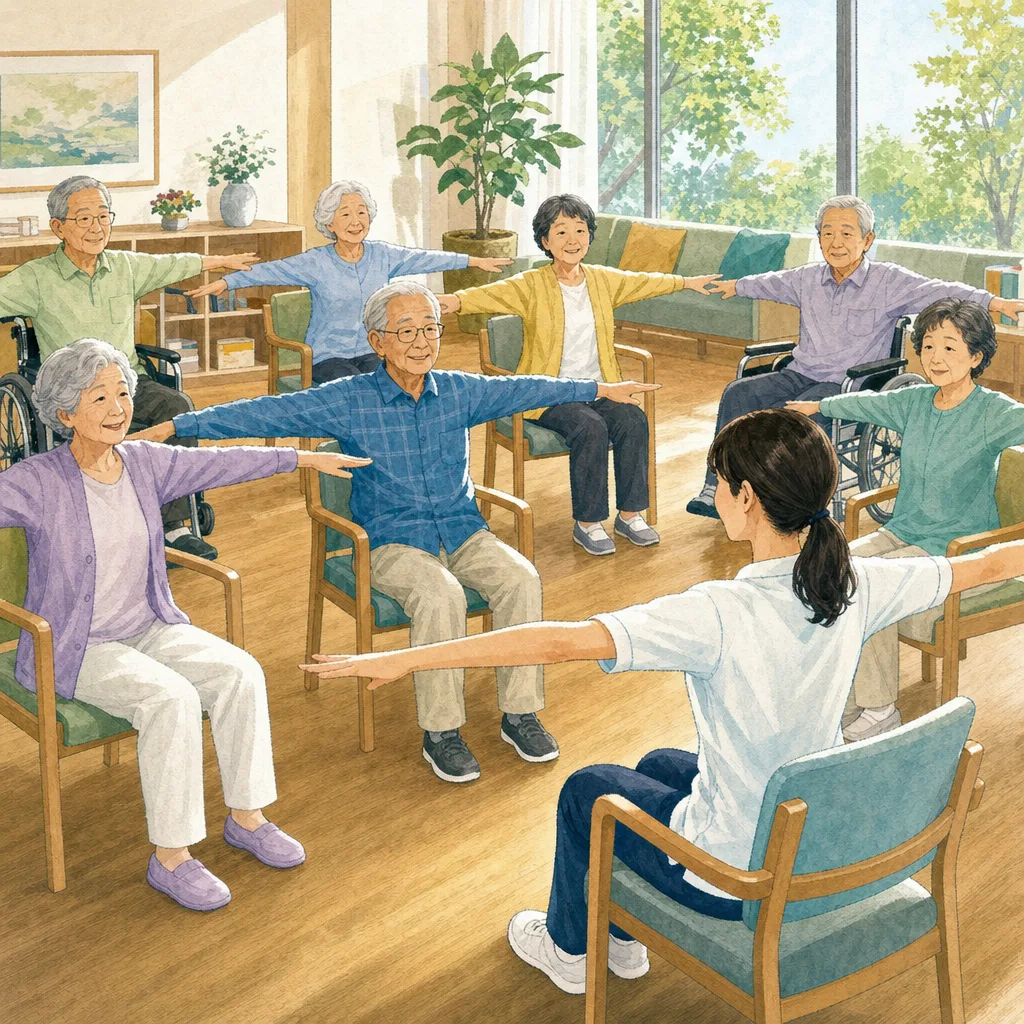デイサービスで体操する日本の高齢者（編集記事向け）。デイサービス、介護予防、集団体操、高齢者支援に使える素材です。