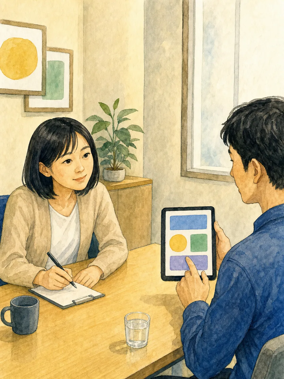 利用者調査をする日本人UXリサーチャー（手描き水彩）。UXリサーチ、ユーザーインタビュー、利用者調査、サービス開発の記事や案内に使える商用素材です。
