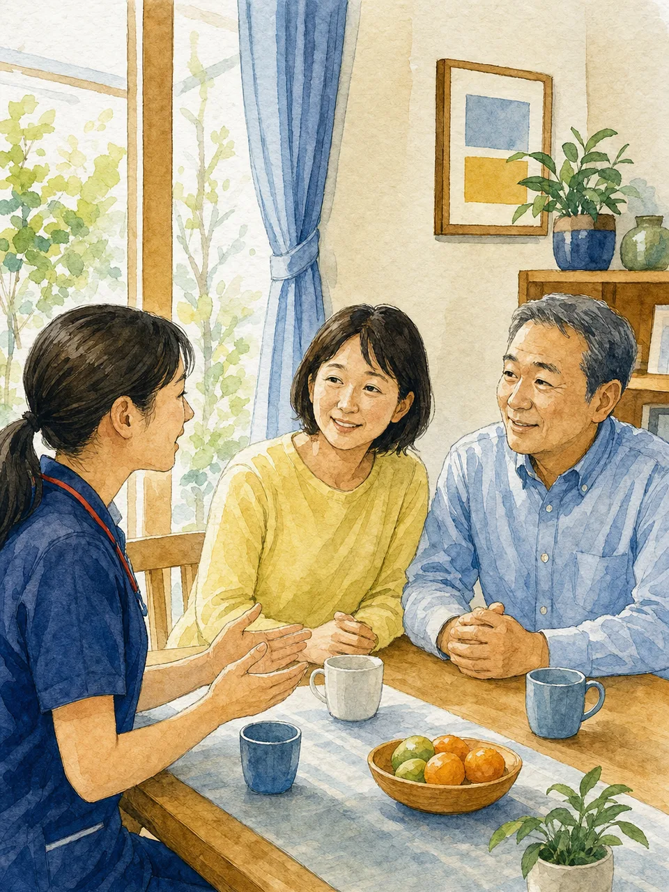 在宅療養の希望を話し合う日本人家族（手描き水彩）。在宅療養、緩和ケア、家族相談、意思決定支援の記事や案内に使える商用素材です。