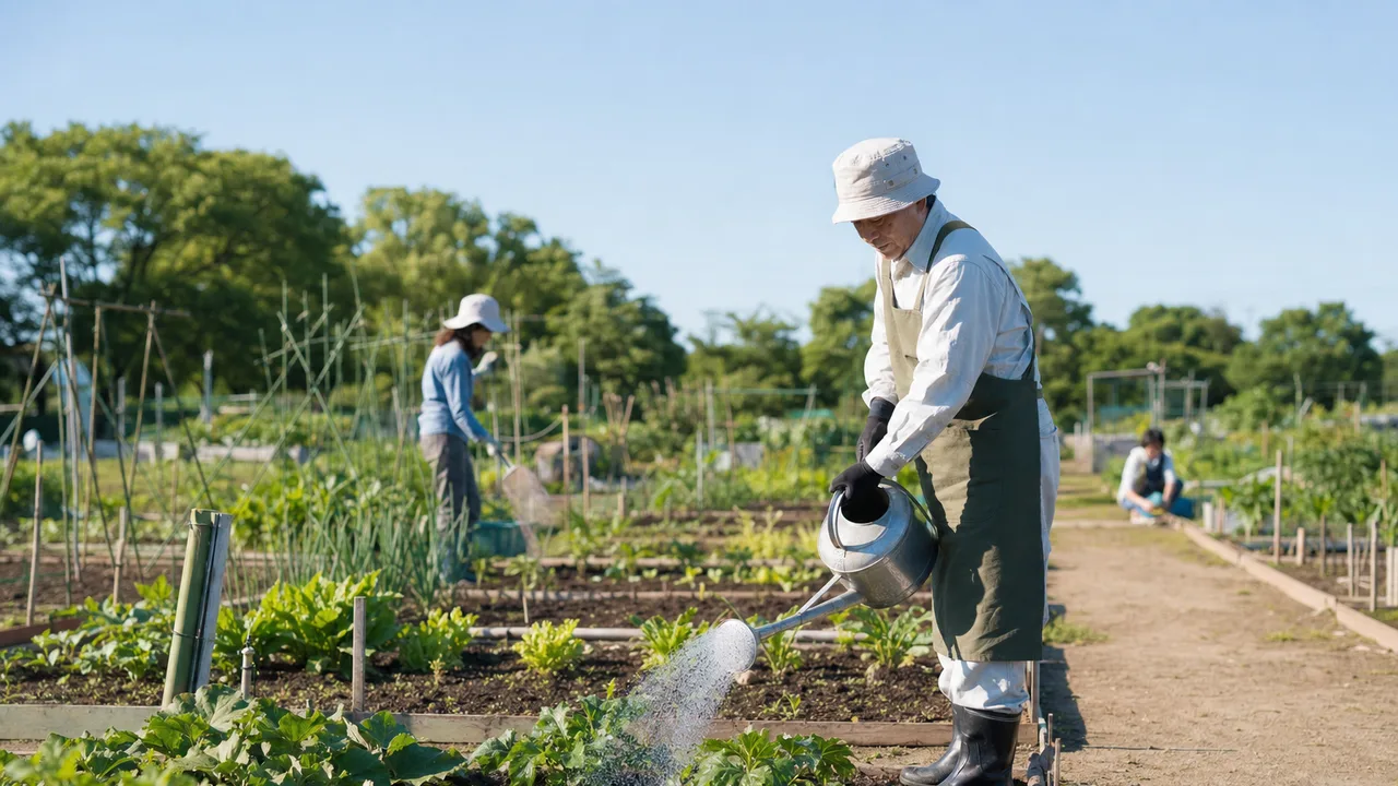 市民農園を楽しむ日本人（横長・コピースペース）。市民農園、家庭菜園、地域交流、野菜作りの記事や案内に使える商用素材です。