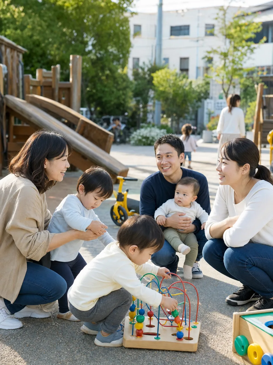 地域で交流する日本人の子育て世代（自然な縦位置写真）。子育て世代、親子交流、地域、コミュニティの記事向け素材です。