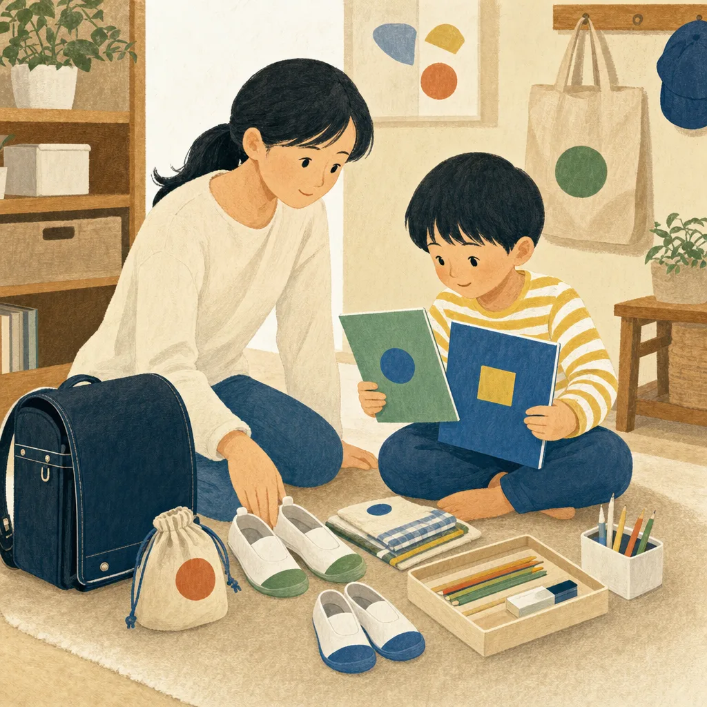 入学準備をする日本人親子（編集記事向け）。入学準備、新生活、小学生、親子の記事向け素材です。