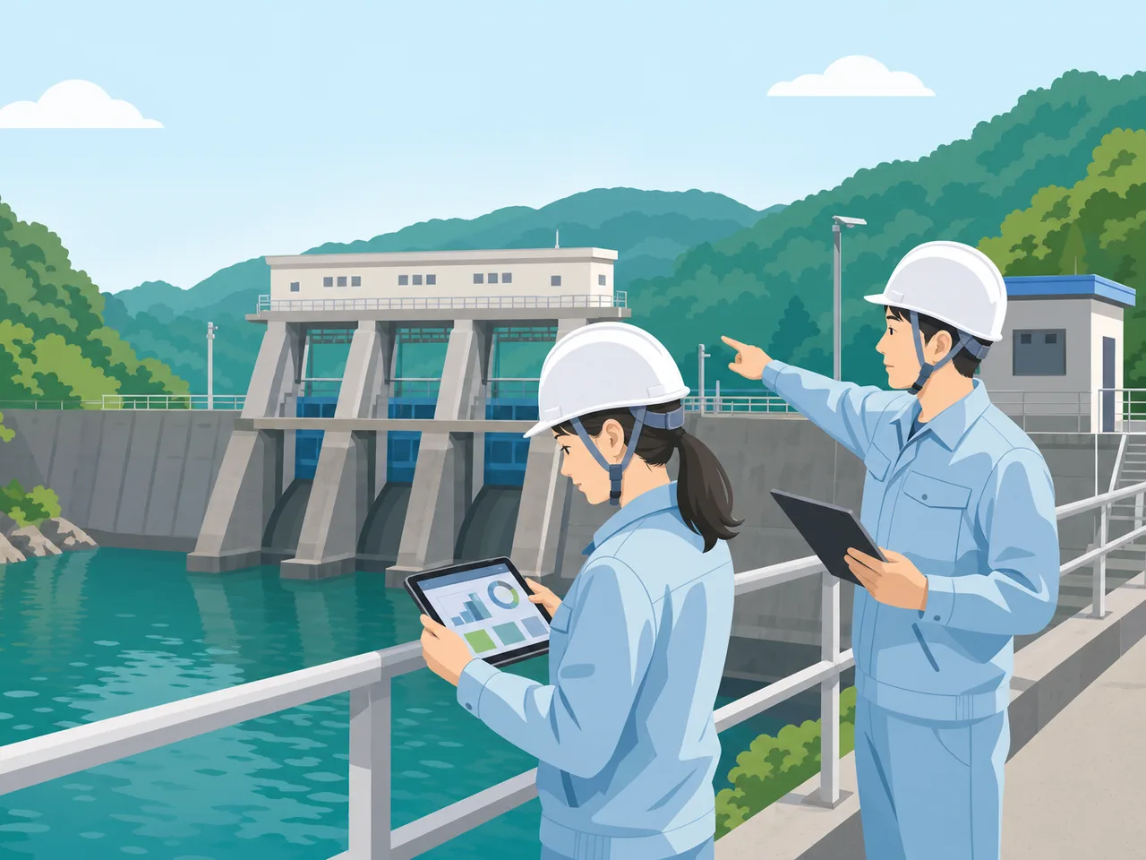 水力発電設備を点検する日本人技術者（フラットイラスト）。水力発電、ダム点検、再生可能エネルギー、発電設備の記事や案内に使える商用素材です。