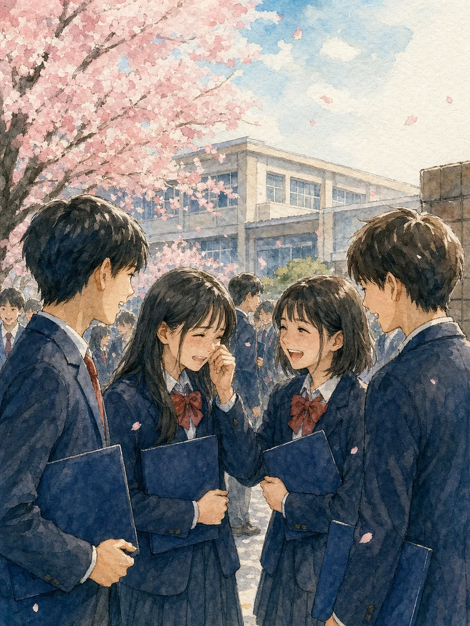 卒業式を終えた日本人学生（手描き水彩）。卒業、進路、学校、採用広報に使える、式後の学生たちの自然な素材です。