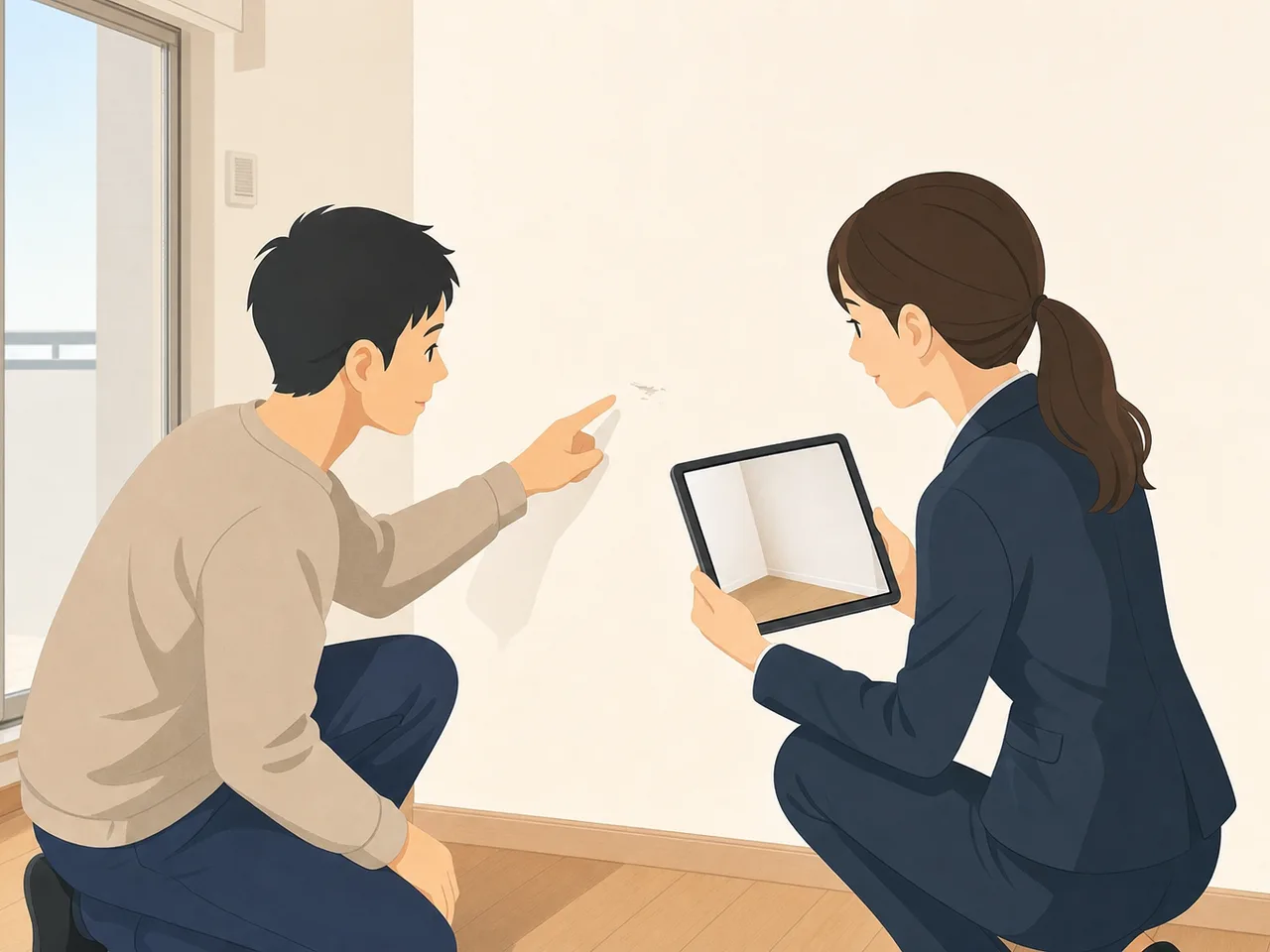退去立会いをする日本人入居者（フラットイラスト）。退去立会い、賃貸、原状確認、引越しの記事向け素材です。