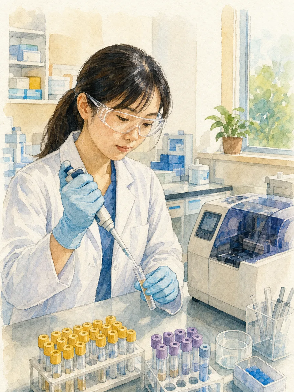 検体を扱う日本人臨床検査技師（手描き水彩）。臨床検査技師、検査室、医療技術、チーム医療の記事向け素材です。