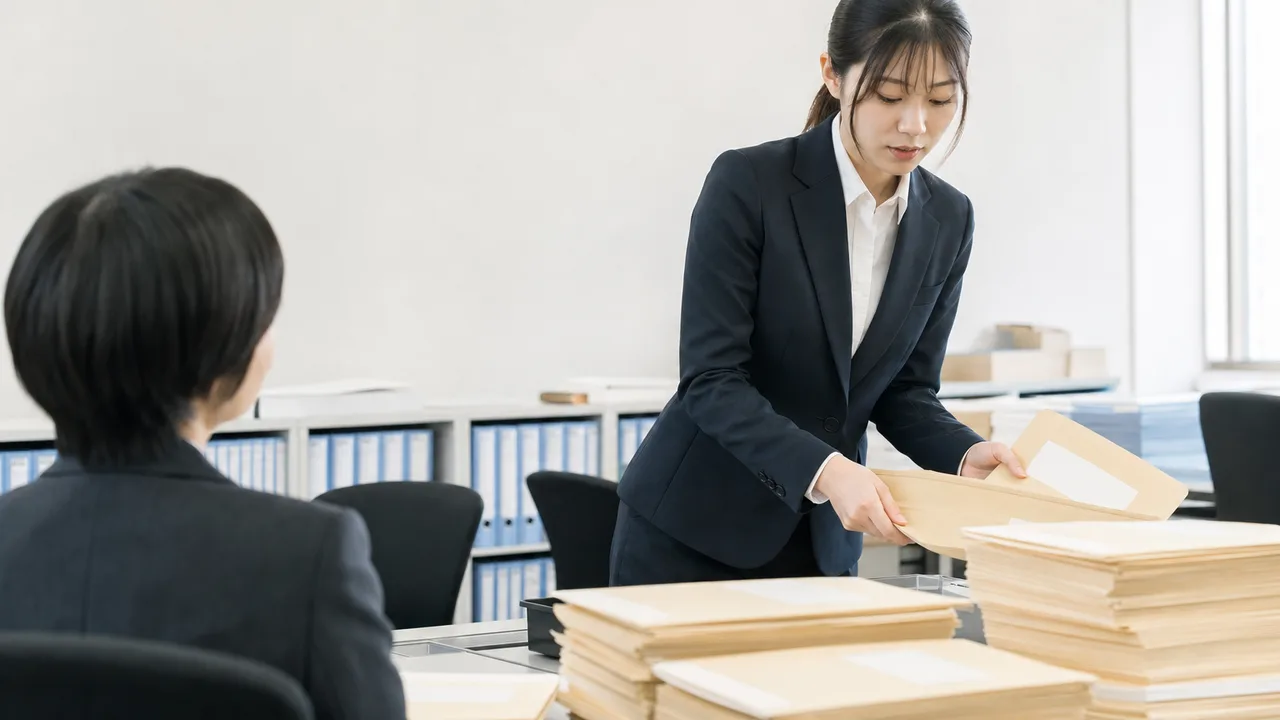 裁判事務を行う日本人裁判所職員（横長・コピースペース）。裁判所職員、裁判事務、法律、司法の記事や案内に使える商用素材です。