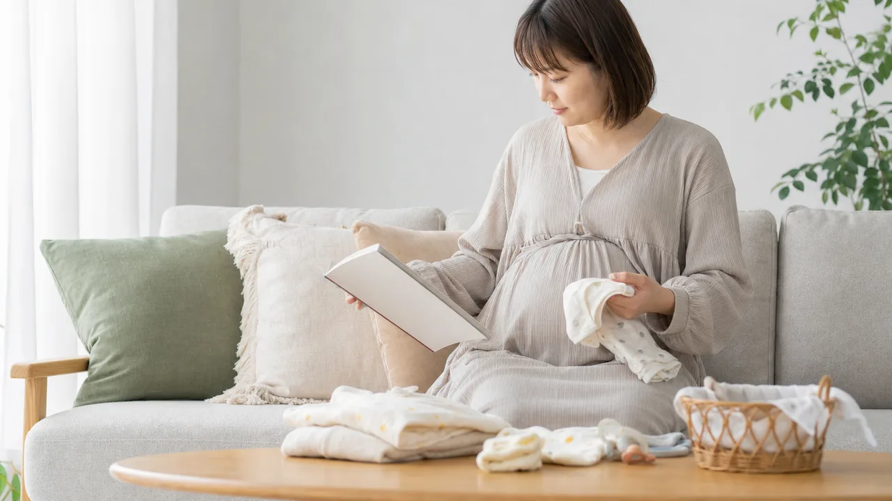穏やかに過ごす日本人の妊婦（横長・コピースペース）。妊娠、出産準備、母子保健、働き方の記事に使える、妊婦の自然な生活素材です。