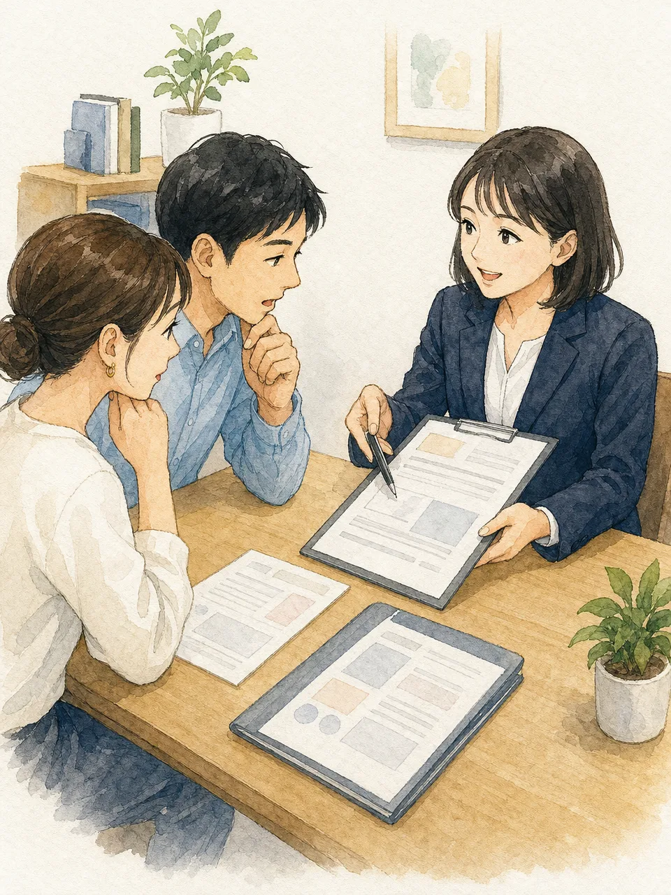 賃貸契約の説明を受ける日本人（手描き水彩）。賃貸契約、不動産、部屋探し、重要事項説明の記事向け素材です。