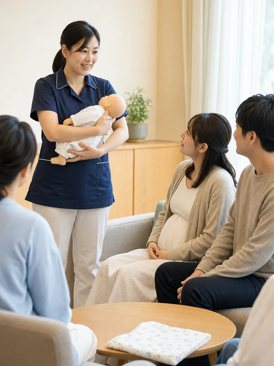 両親学級を支える日本人助産師（自然な縦位置写真）。助産師、両親学級、妊娠、出産準備の記事向け素材です。