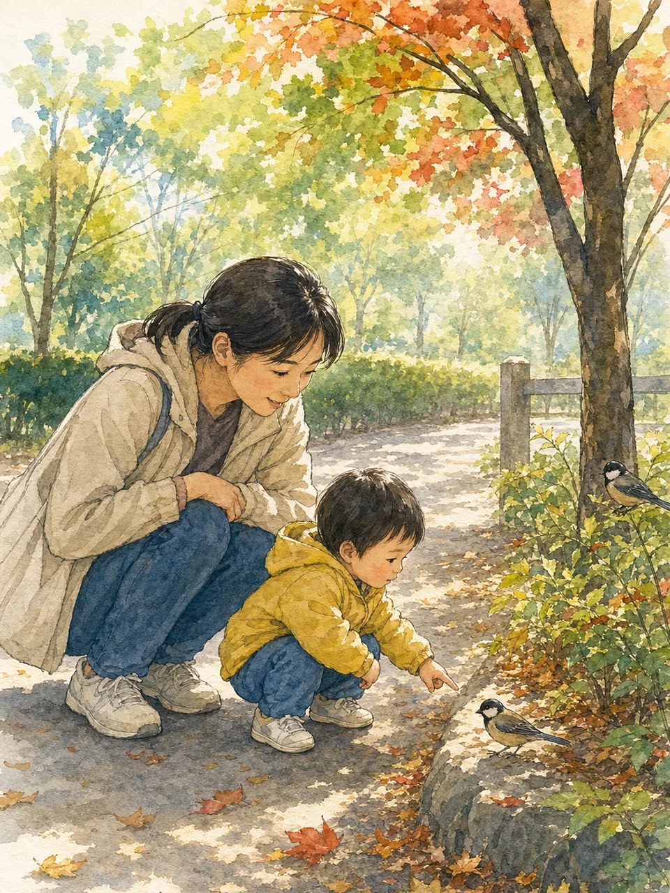 公園を散歩する日本人親子（手描き水彩）。親子の公園散歩、幼児、子育て、日常の記事向け素材です。