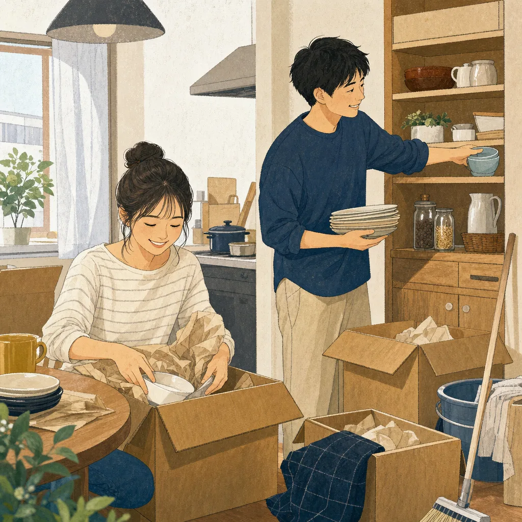 新生活を整える日本人の新婚夫婦（編集記事向け）。新婚夫婦、新生活、二人暮らし、協力の記事向け素材です。