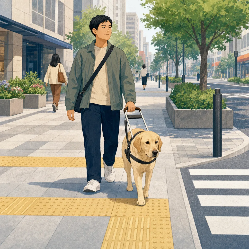 盲導犬と歩く日本人利用者（編集記事向け）。盲導犬、視覚障害、移動支援、共生社会の記事向け素材です。