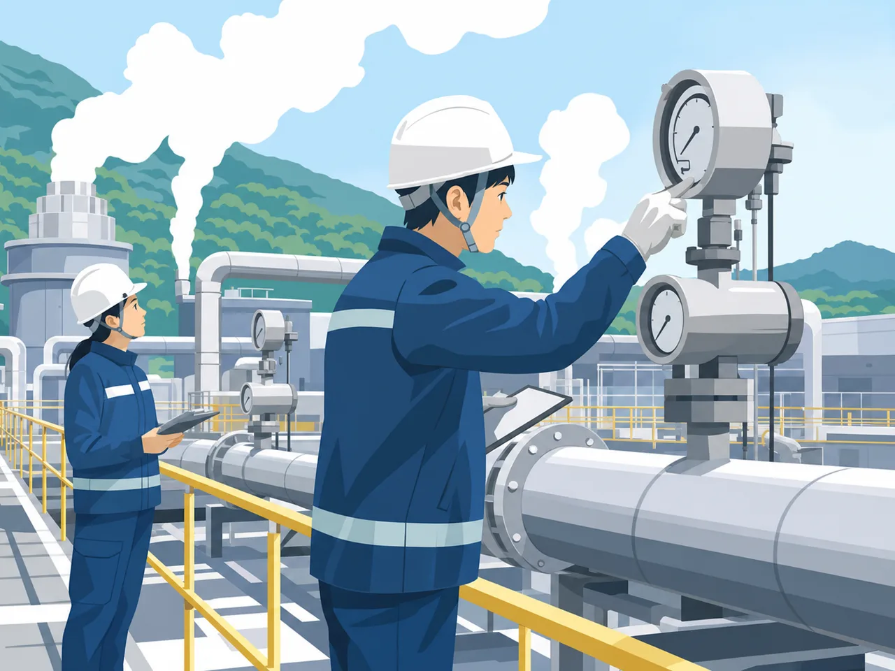 地熱発電所を監視する日本人技術者（フラットイラスト）。地熱発電、再生可能エネルギー、発電所、設備点検の記事や案内に使える商用素材です。