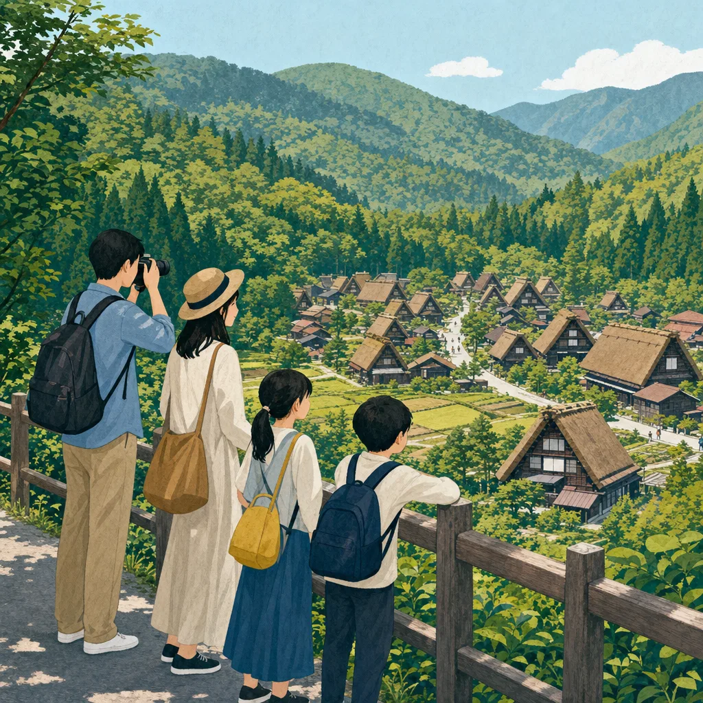 岐阜の山里を訪れる旅行者（編集記事向け）。岐阜旅行、山里、合掌造り、中部旅行の記事や案内に使える商用素材です。