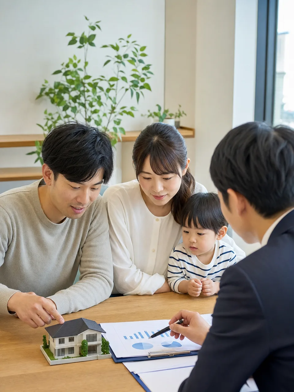 住宅ローンを相談する日本人家族（自然な縦位置写真）。住宅購入、金融、家計相談、不動産サービスに使える相談場面です。