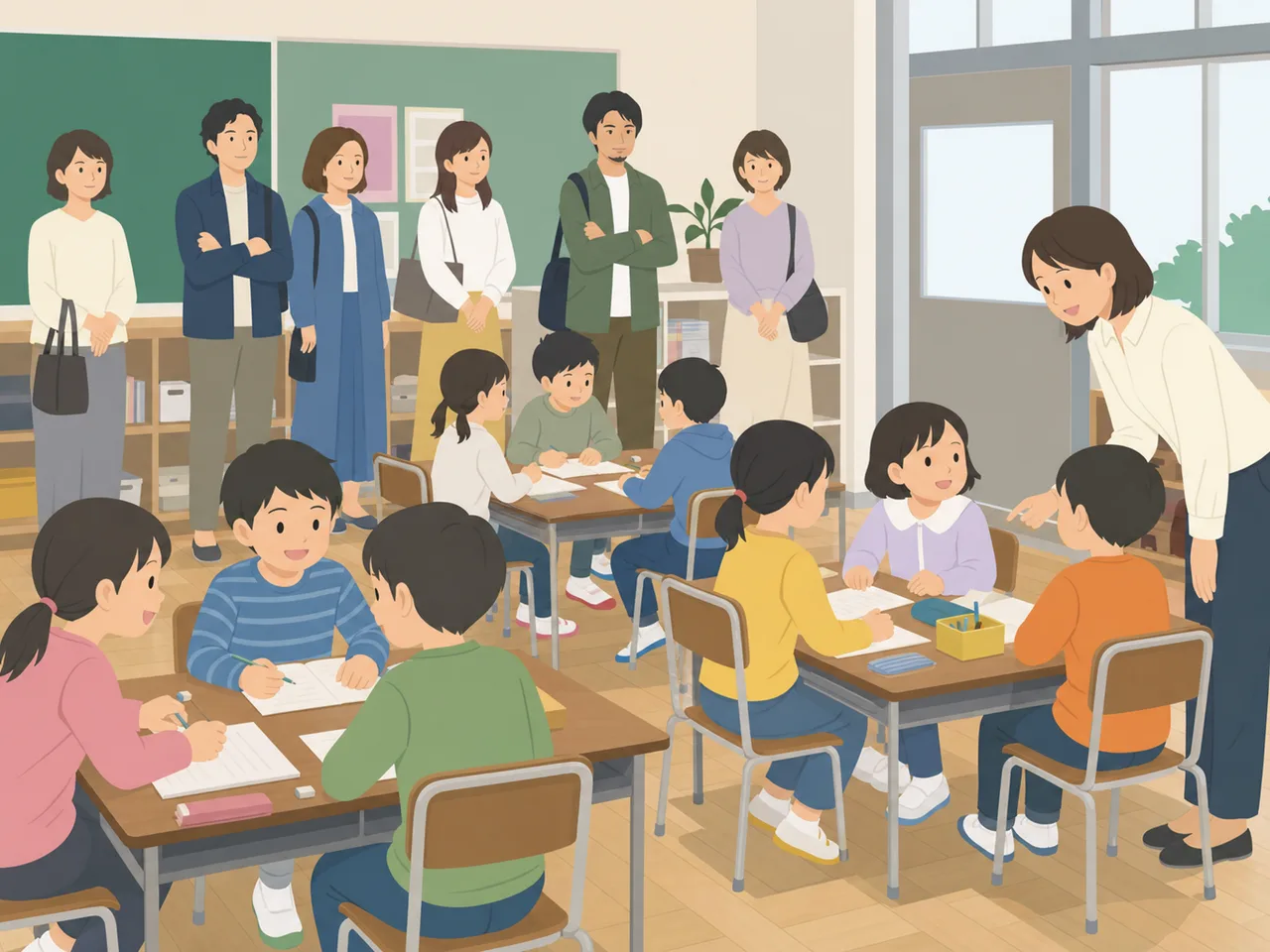 授業参観に参加する日本人保護者（フラットイラスト）。授業参観、保護者、学校、子どもの学びの記事向け素材です。