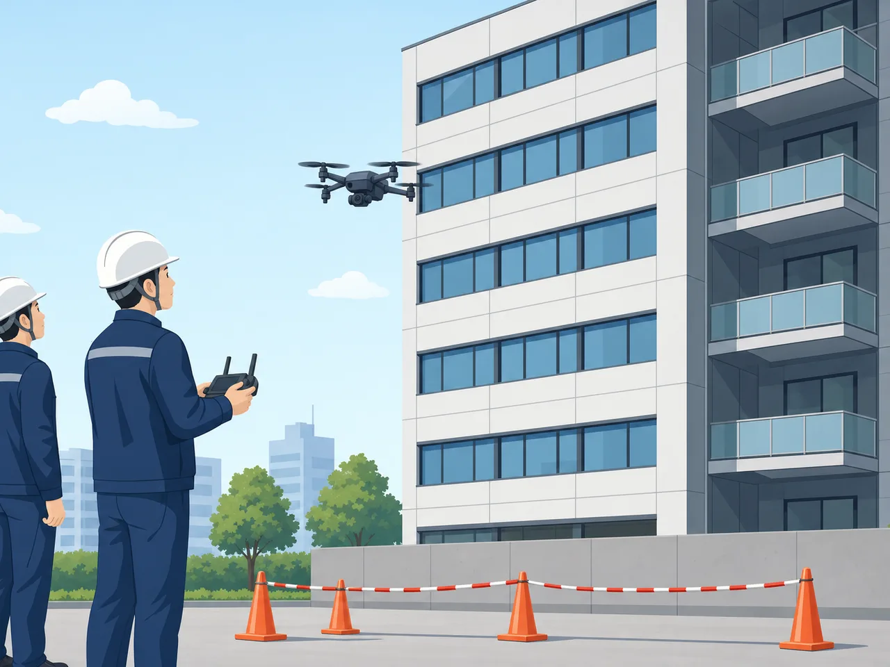 ドローンで建物を点検する日本人技術者（フラットイラスト）。ドローン、建物点検、インフラ保守、DXの記事向け技術素材です。