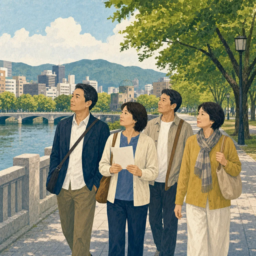 広島の水辺を歩く日本人旅行者（編集記事向け）。広島、平和学習、国内旅行、水辺の街の記事向け素材です。
