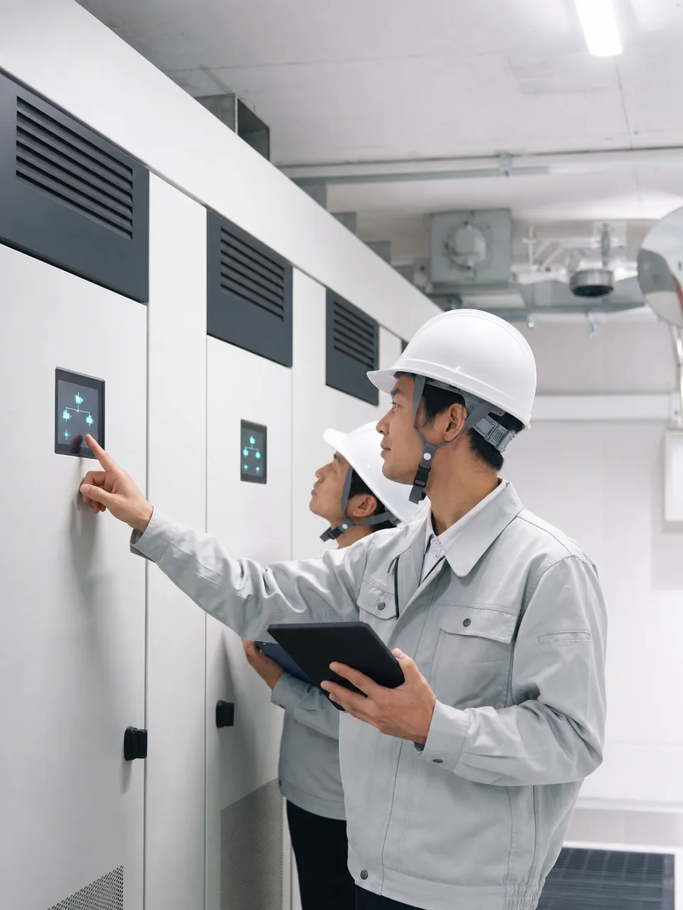 蓄電池設備を管理する日本人技術者（自然な縦位置写真）。蓄電池、エネルギー貯蔵、設備管理、電力の記事向け素材です。