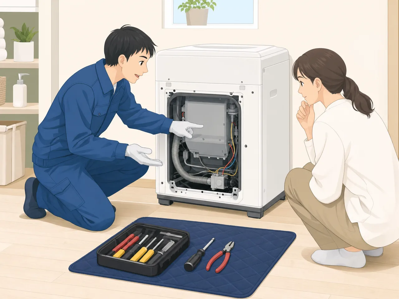 家電を点検する日本人修理技術者（フラットイラスト）。家電修理、修理技術者、メンテナンス、暮らしの記事向け素材です。