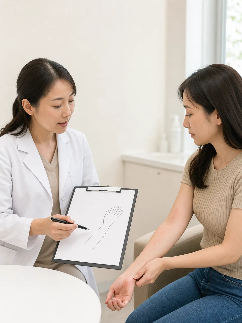 皮膚科で相談する日本人患者（自然な縦位置写真）。皮膚科、肌の相談、診察、健康管理の記事向け素材です。