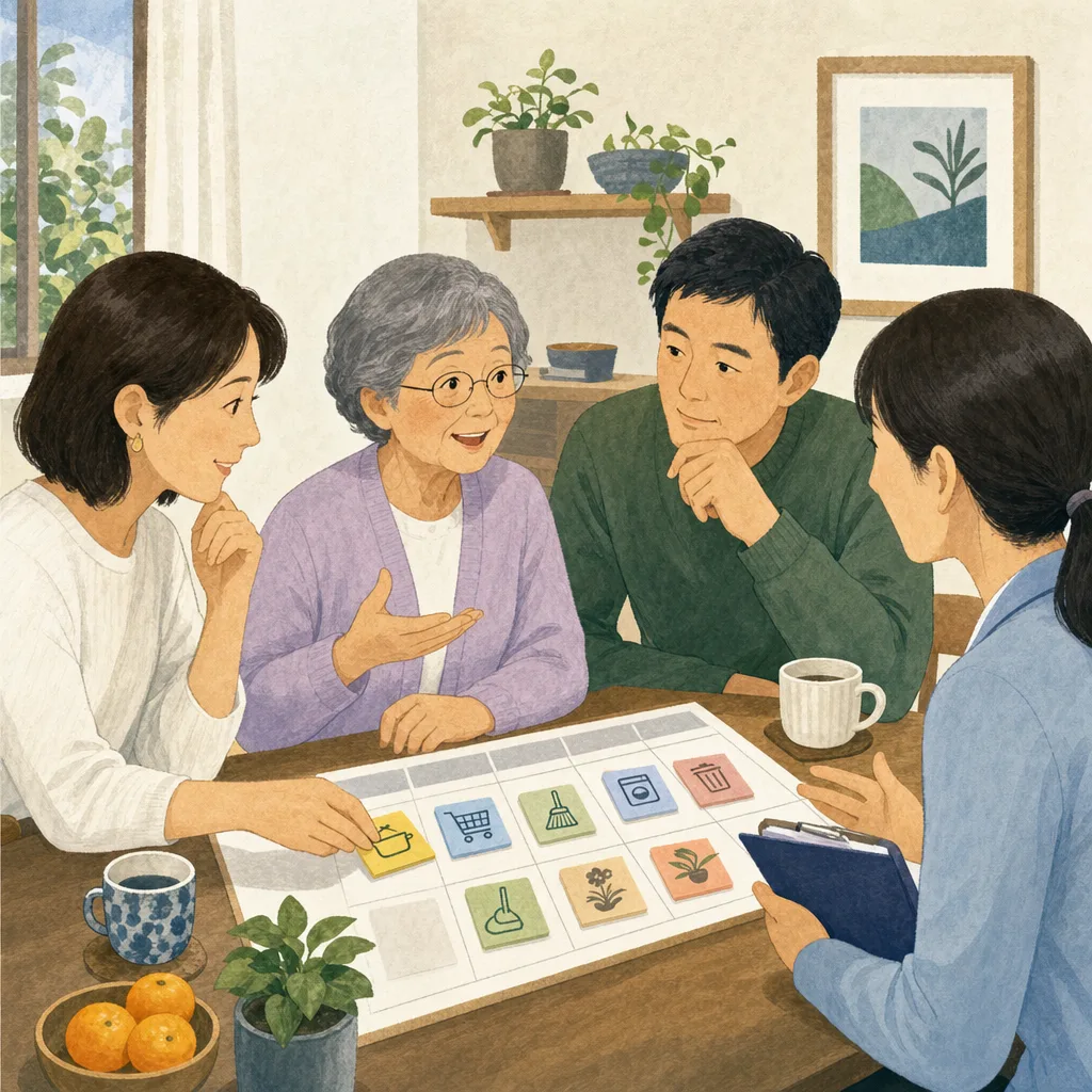 介護を協力する日本人家族（編集記事向け）。介護する家族、家族介護、在宅生活、支え合いの記事向け素材です。