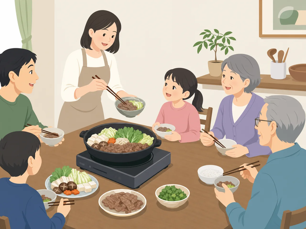 すき焼きを囲む日本人家族（フラットイラスト）。すき焼き、家族、鍋料理、日本の食文化の記事向け素材です。