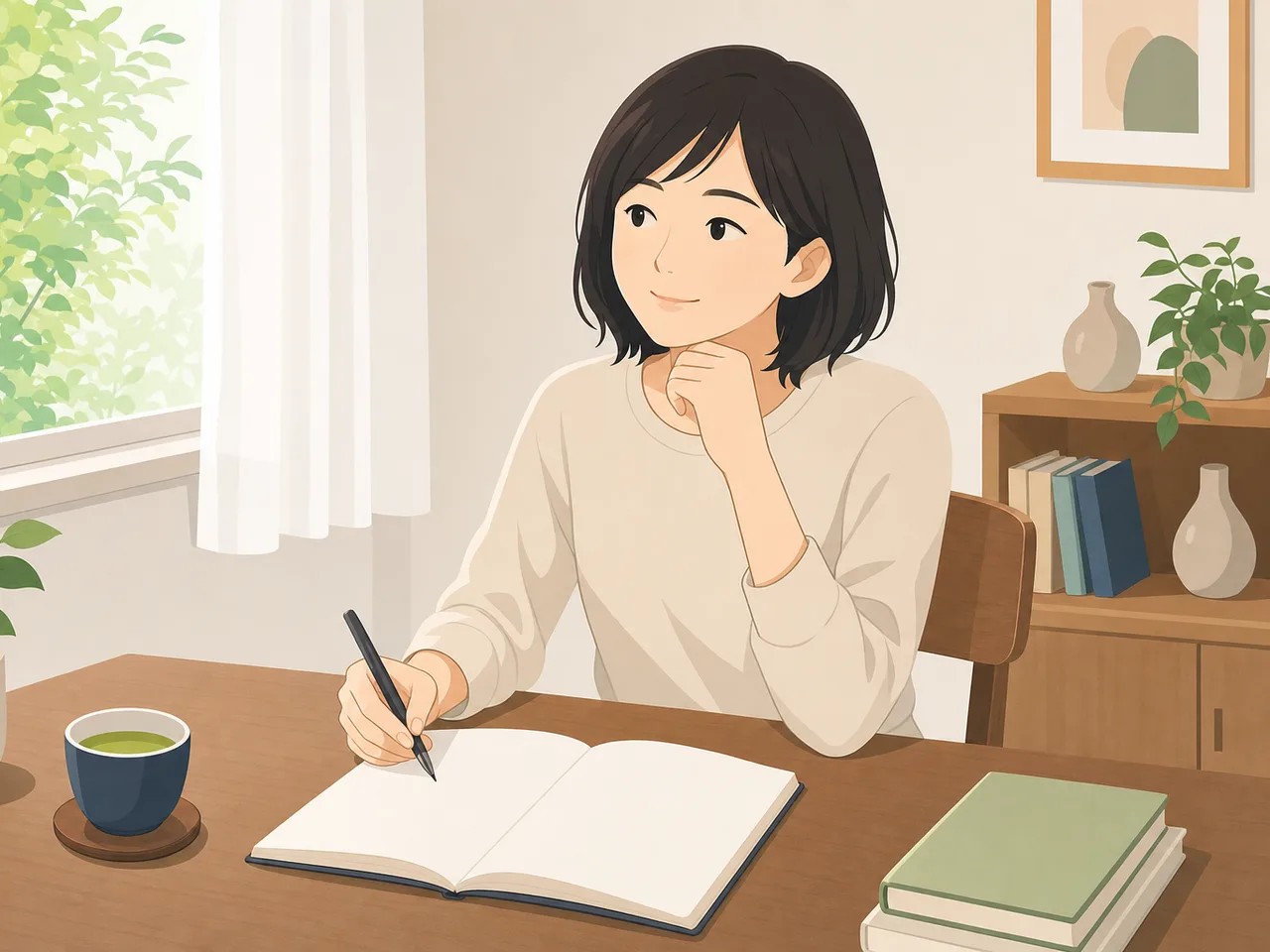 日記を書く日本人（フラットイラスト）。日記、ジャーナリング、自分時間、振り返りの記事や案内に使える商用素材です。