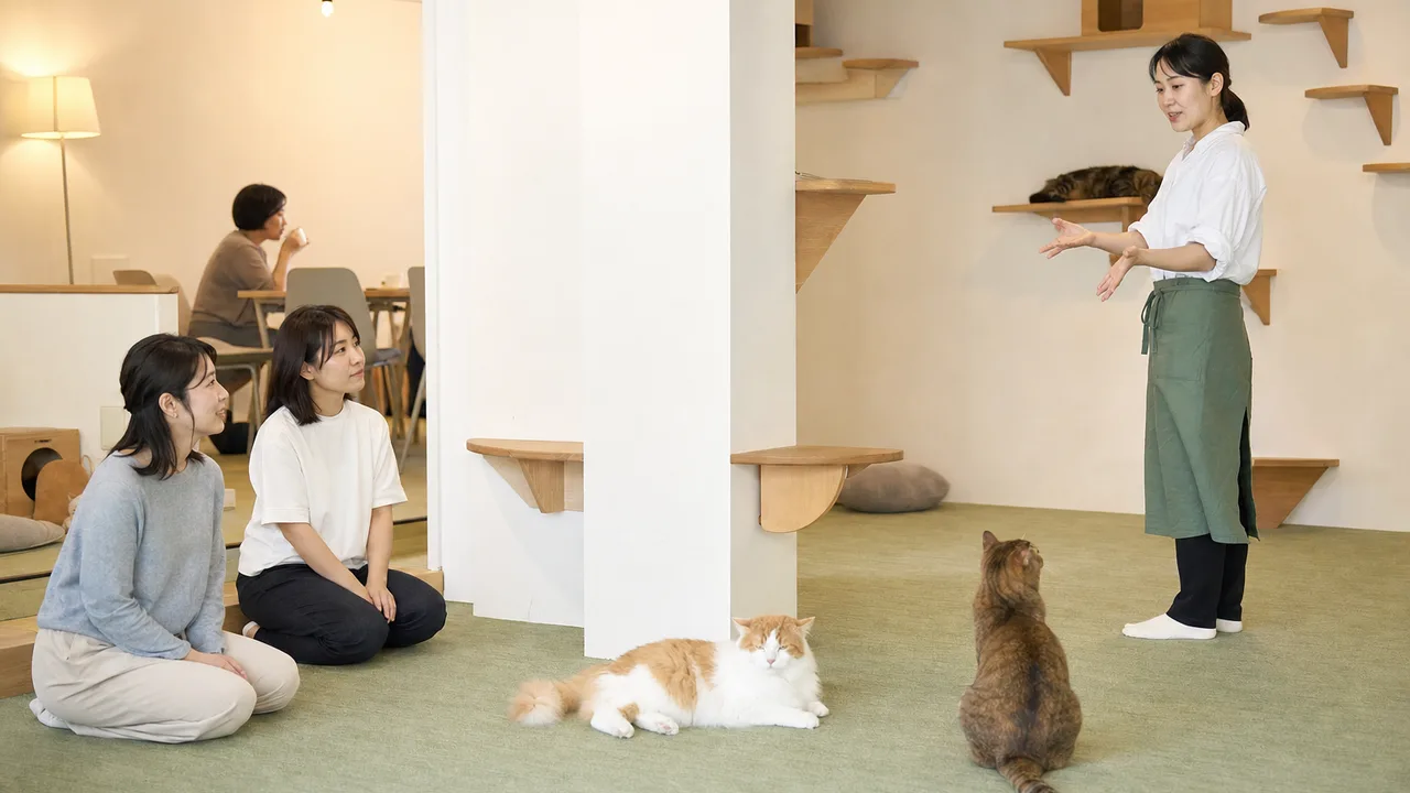 猫カフェで過ごす日本人（横長・コピースペース）。猫カフェ、猫、動物福祉、くつろぎの記事向け素材です。