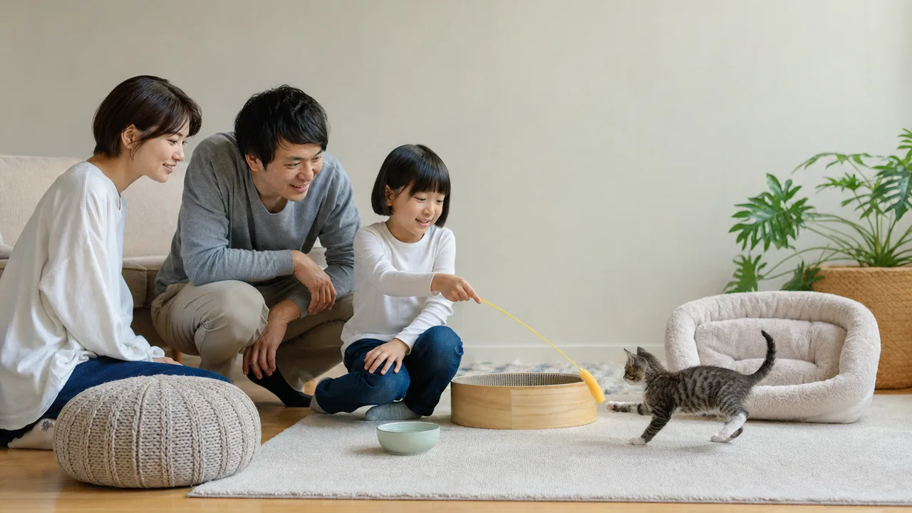 子猫を見守る日本人家族（横長・コピースペース）。子猫、猫との暮らし、家族、ペットケアの記事向け素材です。