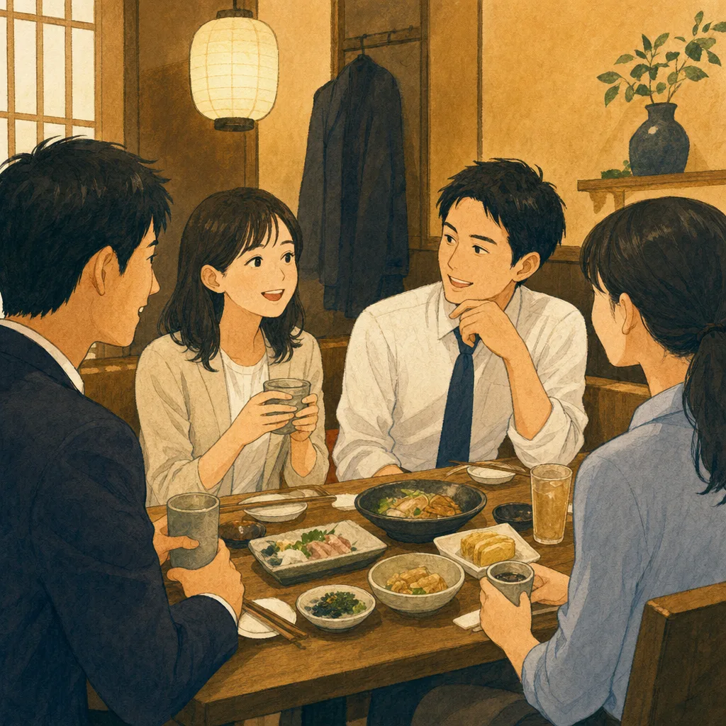 居酒屋で食事を楽しむ日本人同僚（編集記事向け）。居酒屋、懇親会、外食、仕事帰りの交流を表現できる素材です。