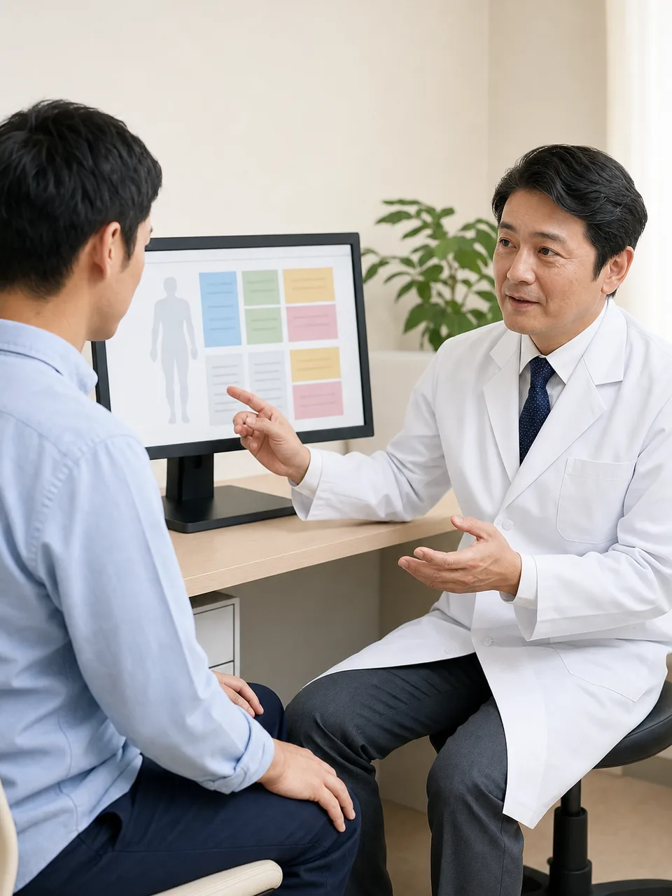 健康診断結果を説明する日本人医療者（自然な縦位置写真）。健診結果説明、健康診断の結果、健康診断、予防医療の記事や案内に使える商用素材です。