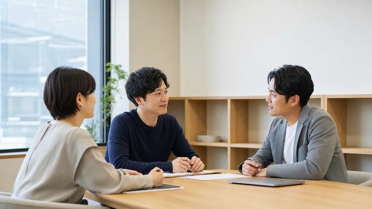 男性育休を相談する日本人会社員（横長・コピースペース）。男性育休、育児休業、働き方、両立支援の記事に使える職場素材です。
