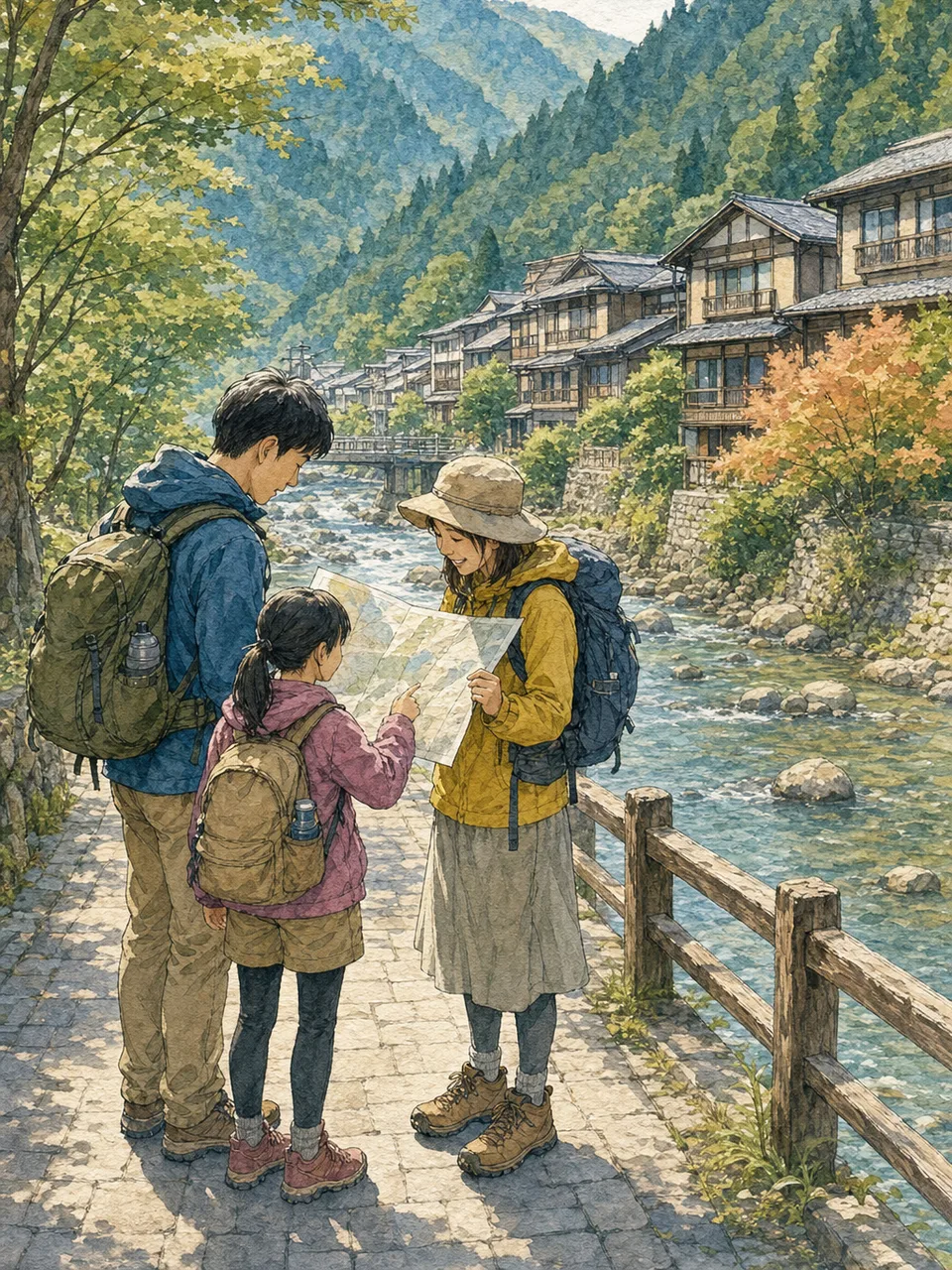 長野の山あいを旅する日本人（手描き水彩）。長野、山岳風景、温泉町、地域旅行の記事向け素材です。