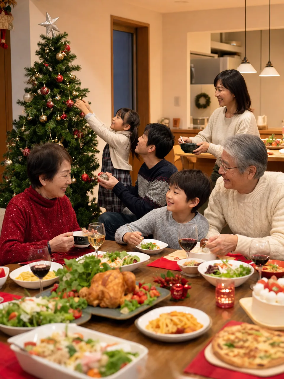 家族で楽しむクリスマス（自然な縦位置写真）。冬のキャンペーンや家族向け記事に使える、日本の家庭の温かなクリスマス素材です。