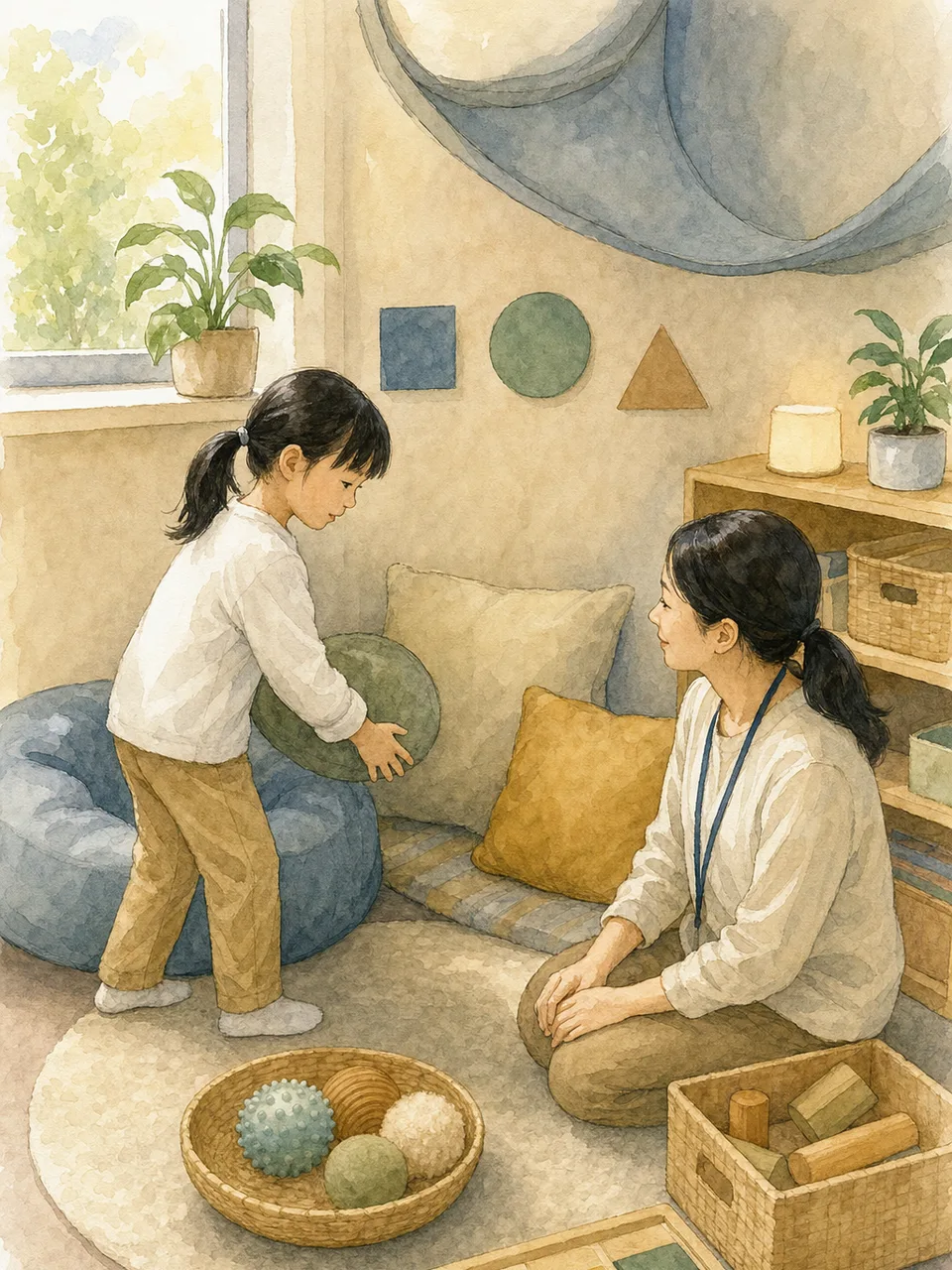 感覚休憩を選ぶ日本人の子ども（手描き水彩）。感覚休憩、特別支援教育、合理的配慮、子どもの記事や案内に使える商用素材です。