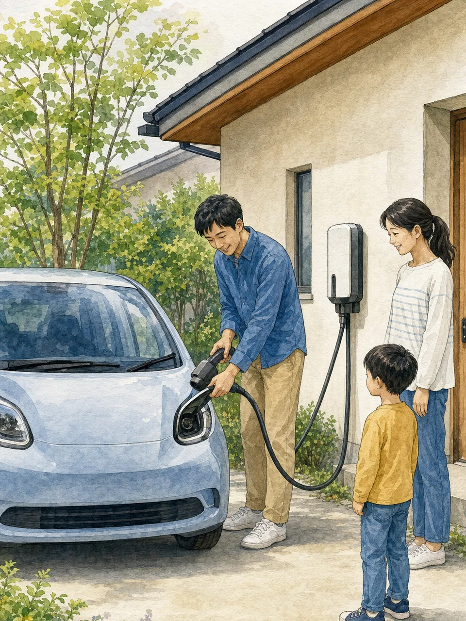 自宅で電気自動車を充電する日本人家族（手描き水彩）。電気自動車、EV充電、脱炭素、住宅設備の記事に使える素材です。